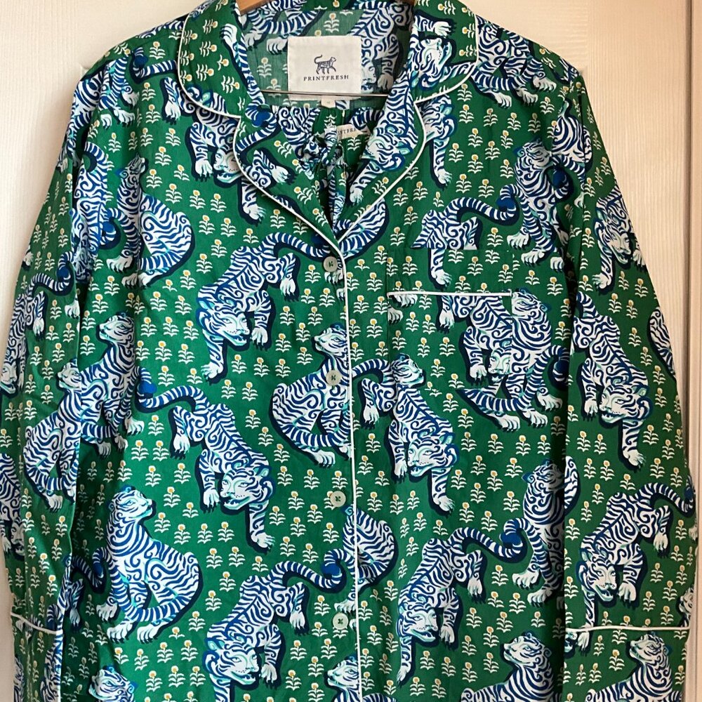 NWT PRINTFRESH Green Floral with TIGERS Cotton Long Pajama Set Size Medium - Picture 5 of 8